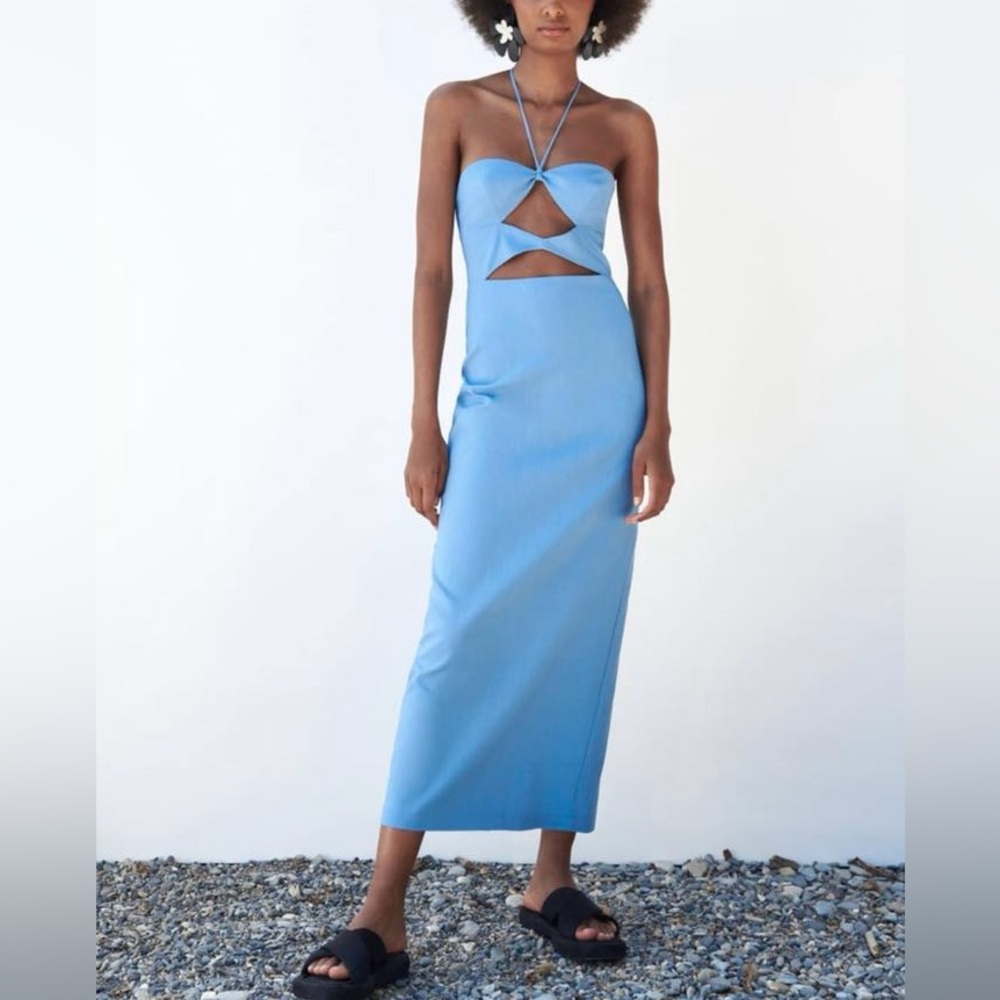 Blue Cutout Halter Dress